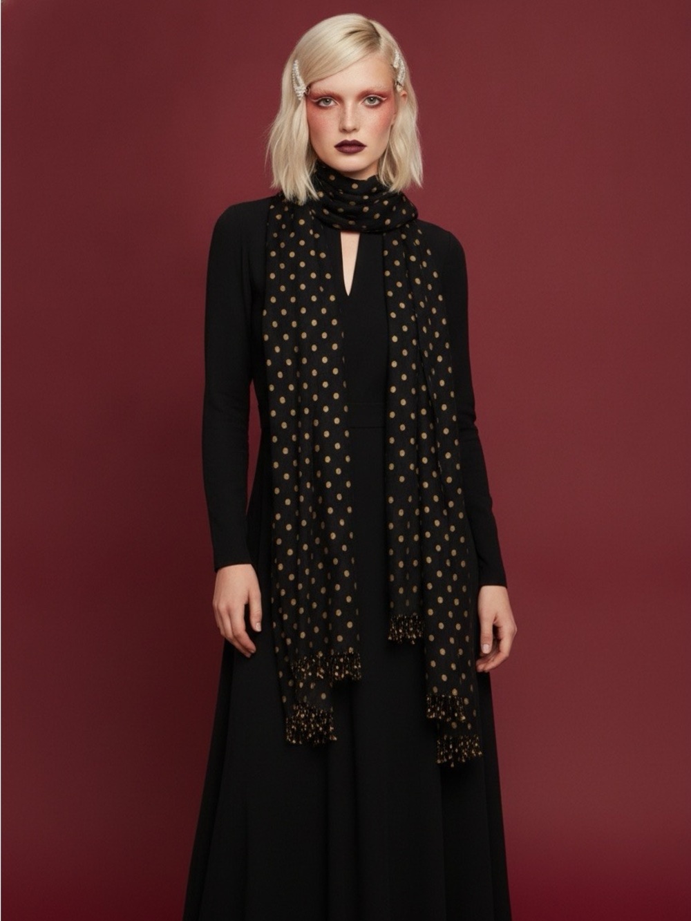 J. Crew Black Scarf with Gold -Tan Polka Dot Accent